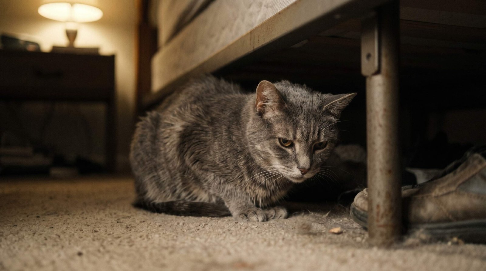 Senior grey cat hiding under a bed, showing withdrawal and reduced social engagement - behavioral signs of kidney disease in cats