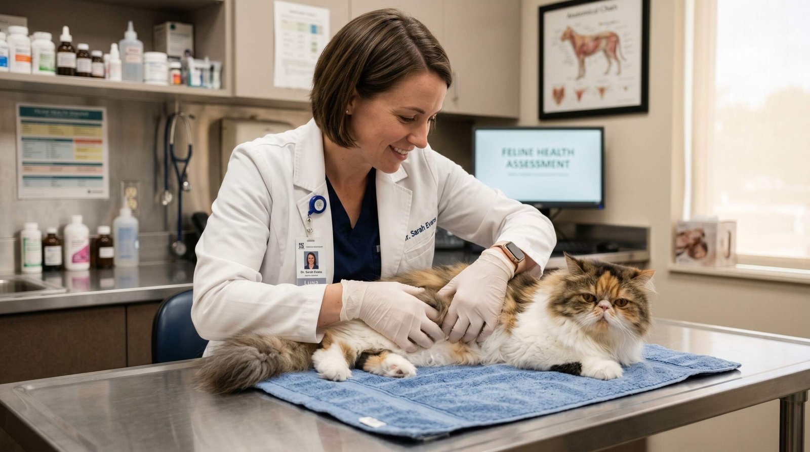 Veterinarian examining a Persian cat on a clinic table - breed-specific kidney disease risk and professional diagnosis