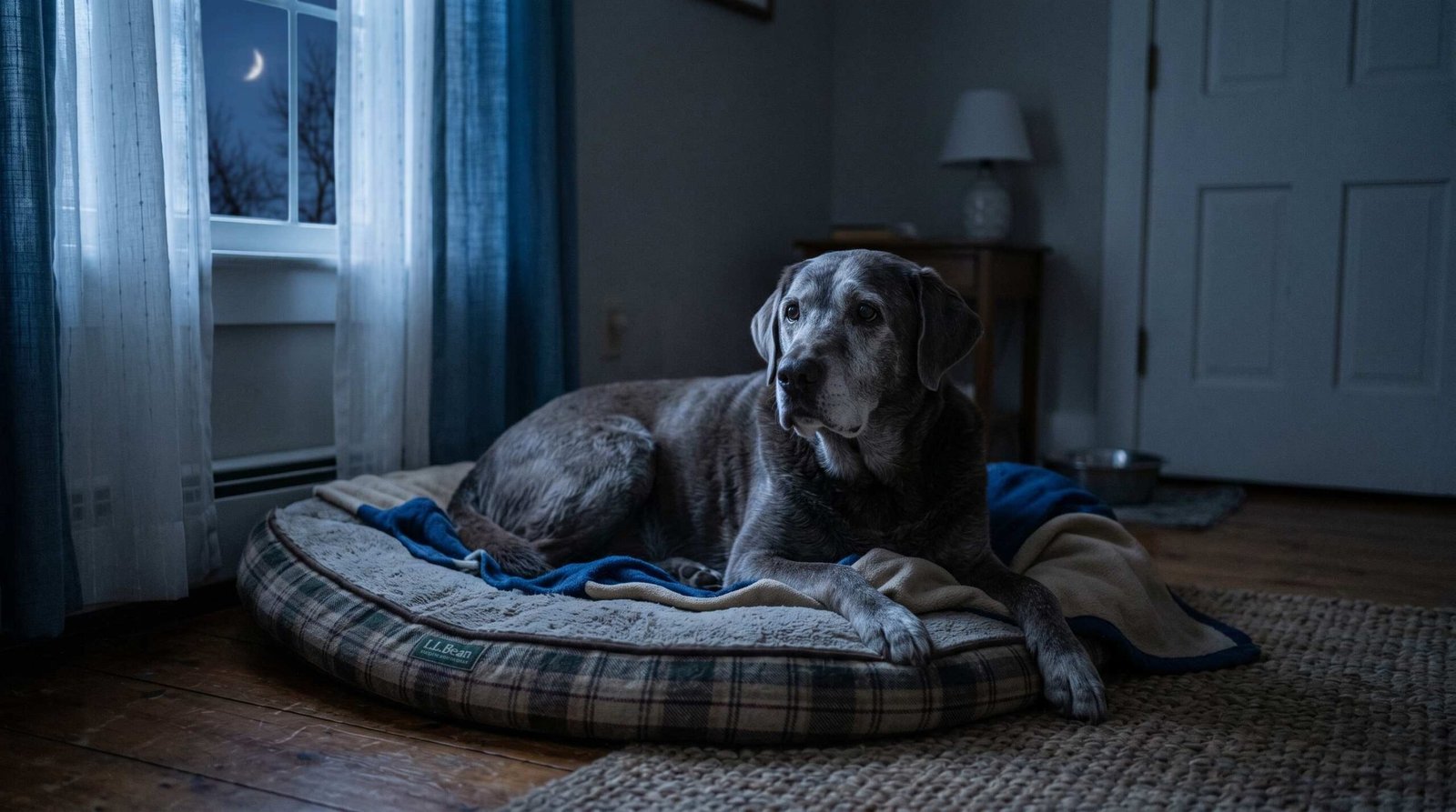 Senior Labrador awake at night with a confused expression - nighttime restlessness is a key DISHA sign of canine cognitive dysfunction