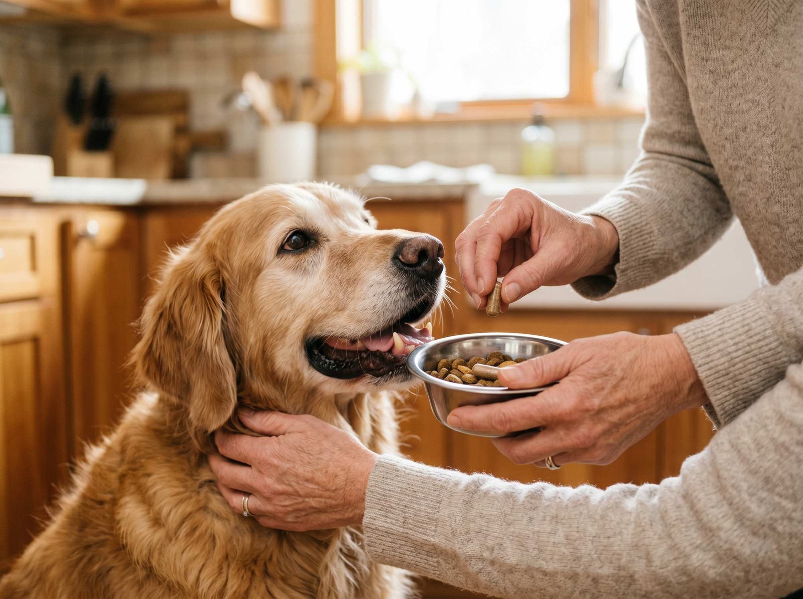 Owner offering a supplement capsule to a happy senior golden retriever - evidence-based dog dementia supplement treatment