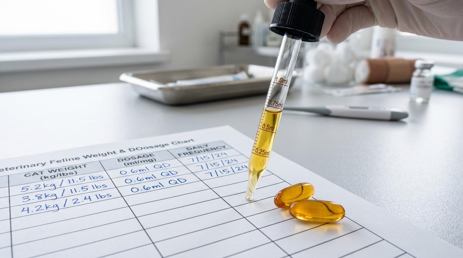 Fish Oil Dosage Guide for Dogs by Weight Veterinary dosage measurement chart and fish oil capsules for precise dog supplementation