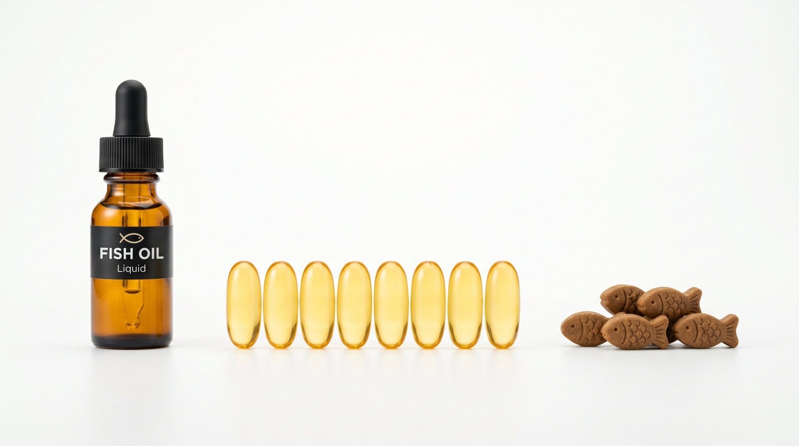 Fish Oil for Dogs - Liquid vs Softgel vs Chews Comparison Fish oil supplement forms for dogs: amber liquid bottle, golden softgel capsules, and fish-shaped chew treats