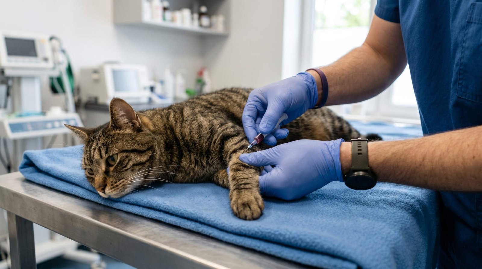 Veterinarian drawing a blood sample from a cat for kidney function testing including SDMA and creatinine panels