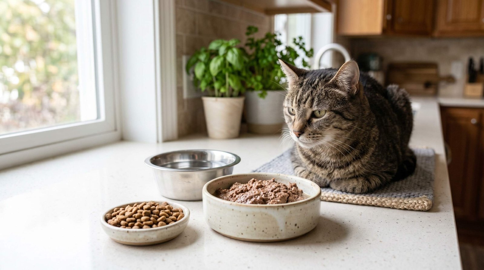 A senior cat beside bowls of wet food and dry kibble, illustrating the importance of wet food for cats with kidney disease