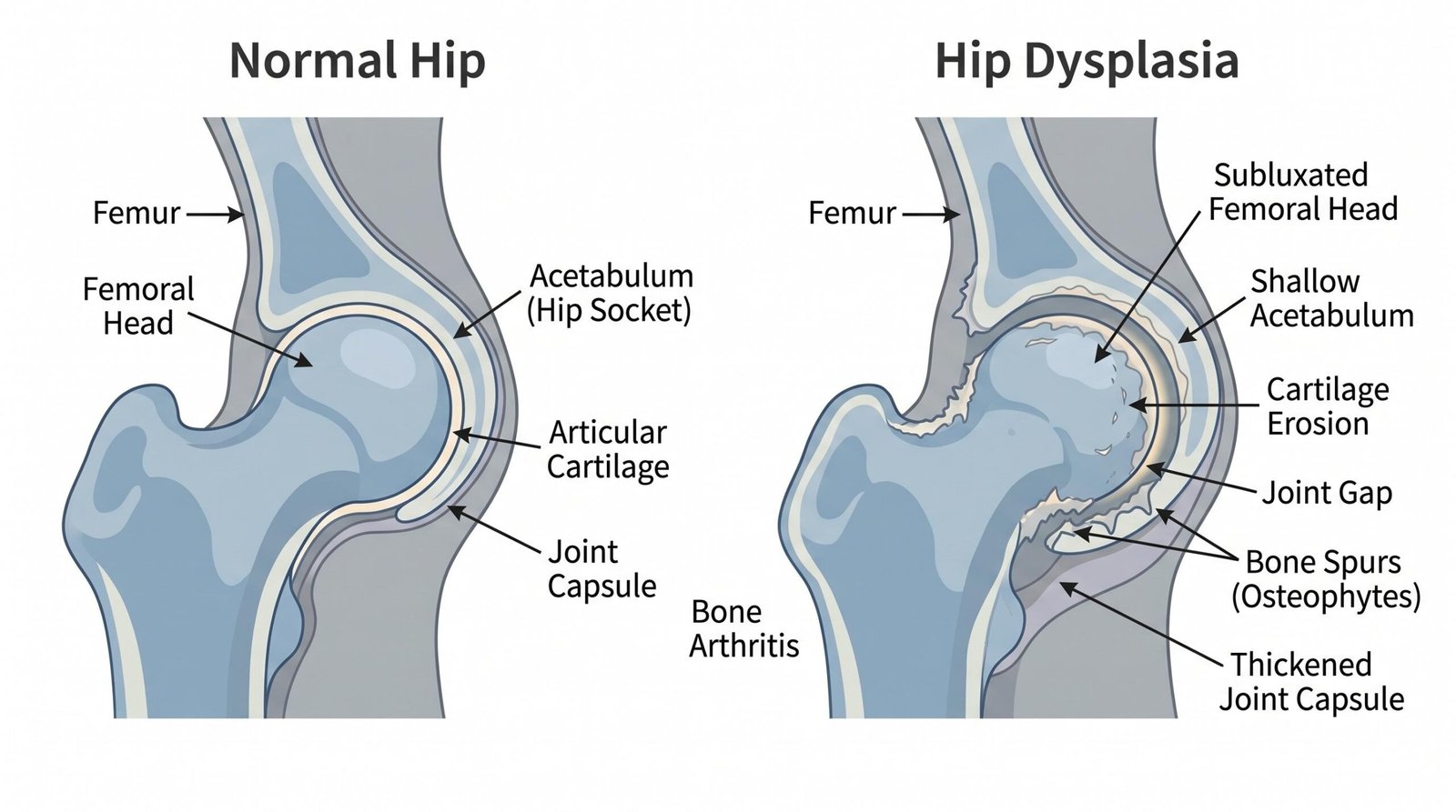 Diagram comparing normal dog hip joint with femoral head seated in socket versus dysplastic hip with shallow socket and joint laxity