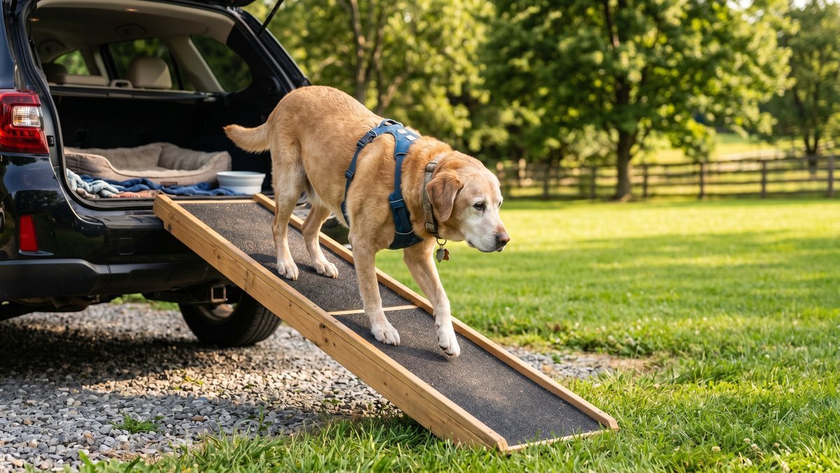 Senior Labrador Retriever using a dog ramp to get into a car, avoiding painful jumping