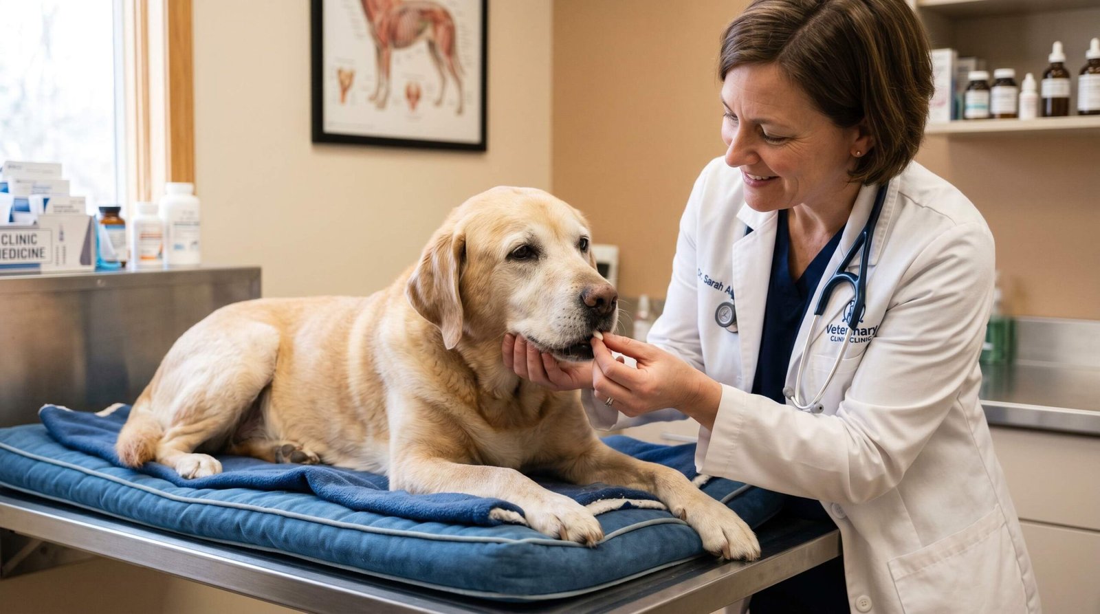 Veterinarian giving a pill to a calm senior Labrador on an exam table for pain management