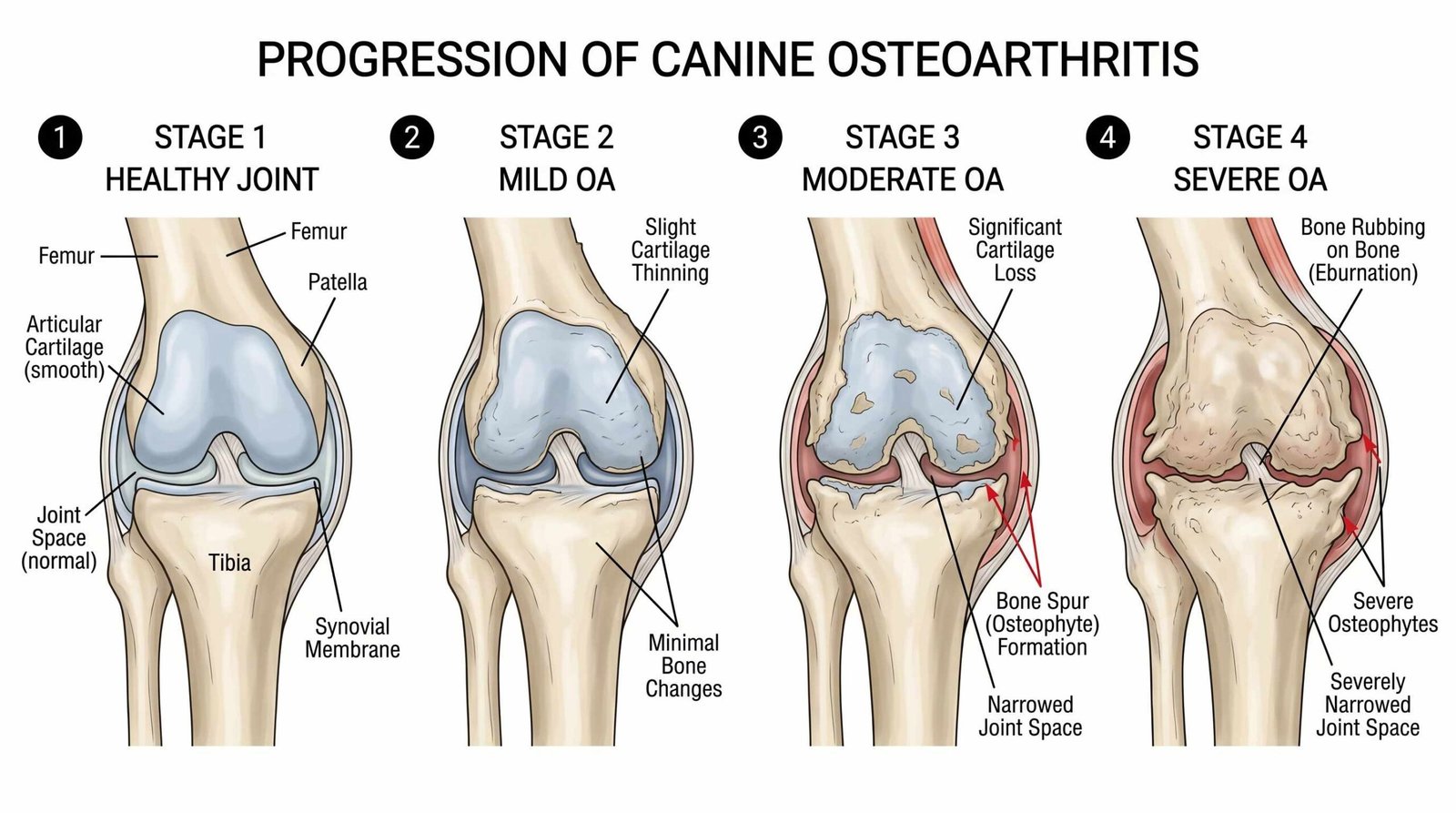 Four-stage diagram of canine osteoarthritis progression from healthy joint to severe bone-on-bone degeneration