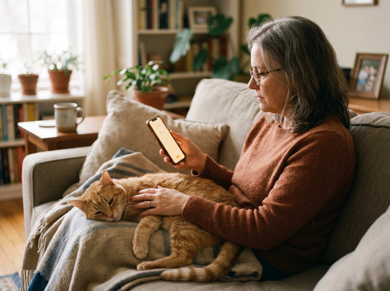 Cat owner monitoring senior cat's resting respiratory rate at home using phone timer as part of HCM management
