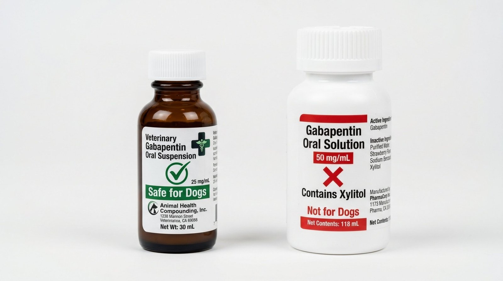 Two gabapentin bottles - veterinary compounded liquid on left safe for dogs, human oral solution on right dangerous due to xylitol