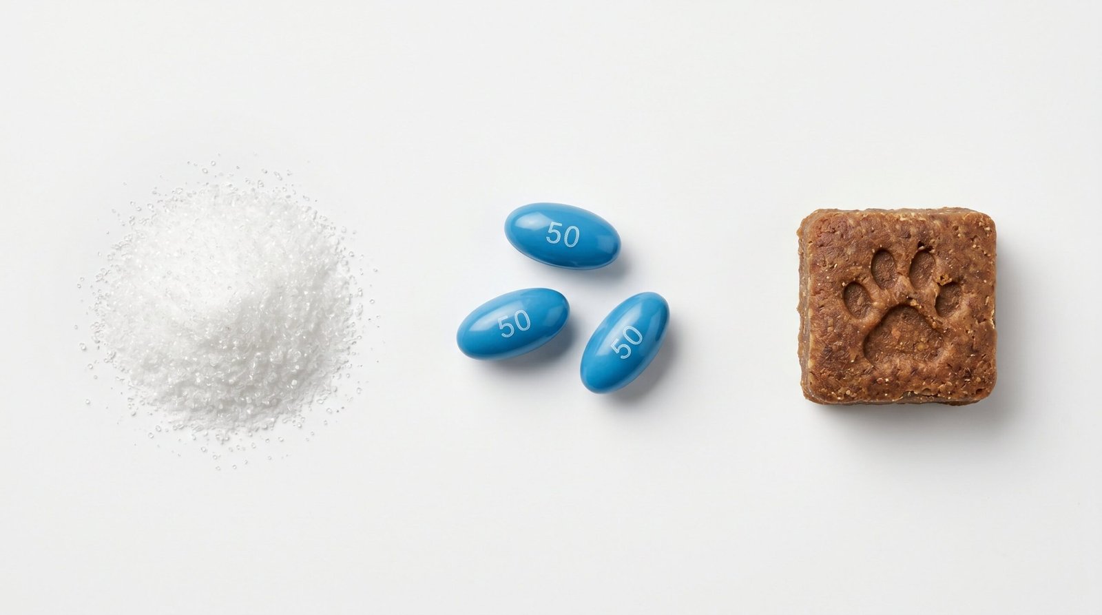 Three forms of glucosamine supplements for dogs laid out for comparison - powder, capsule, and soft chew treat