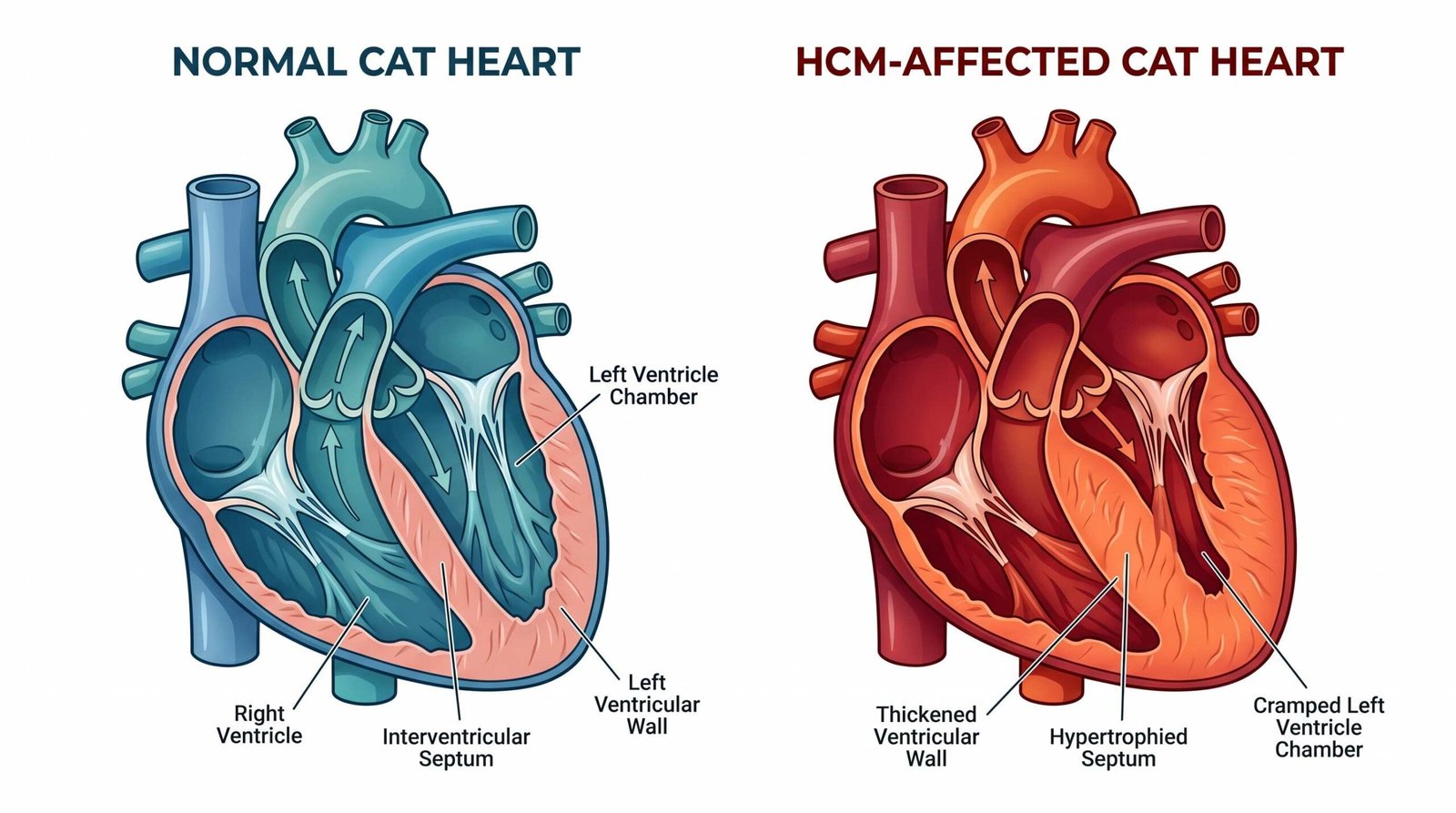 Side-by-side comparison of normal cat heart cross-section with thin walls versus HCM-affected heart with thickened ventricular walls