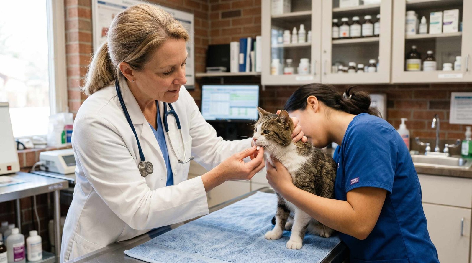 Veterinarian carefully giving oral medication to a calm senior cat held by a vet technician in a clinical exam room setting