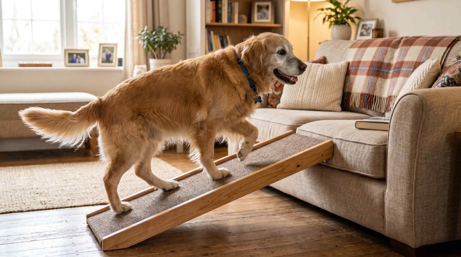Senior golden retriever using a dog ramp to get onto a sofa, showing a practical home modification for arthritic dogs
