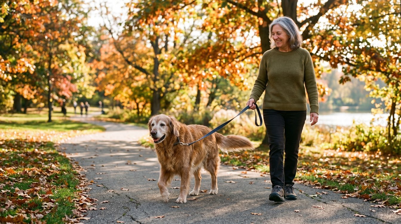 Senior golden retriever walking confidently with owner in park, showing good joint mobility and quality of life