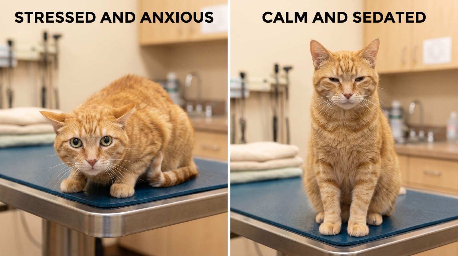 anxious senior cat before trazodone compared to calm relaxed senior cat after medication