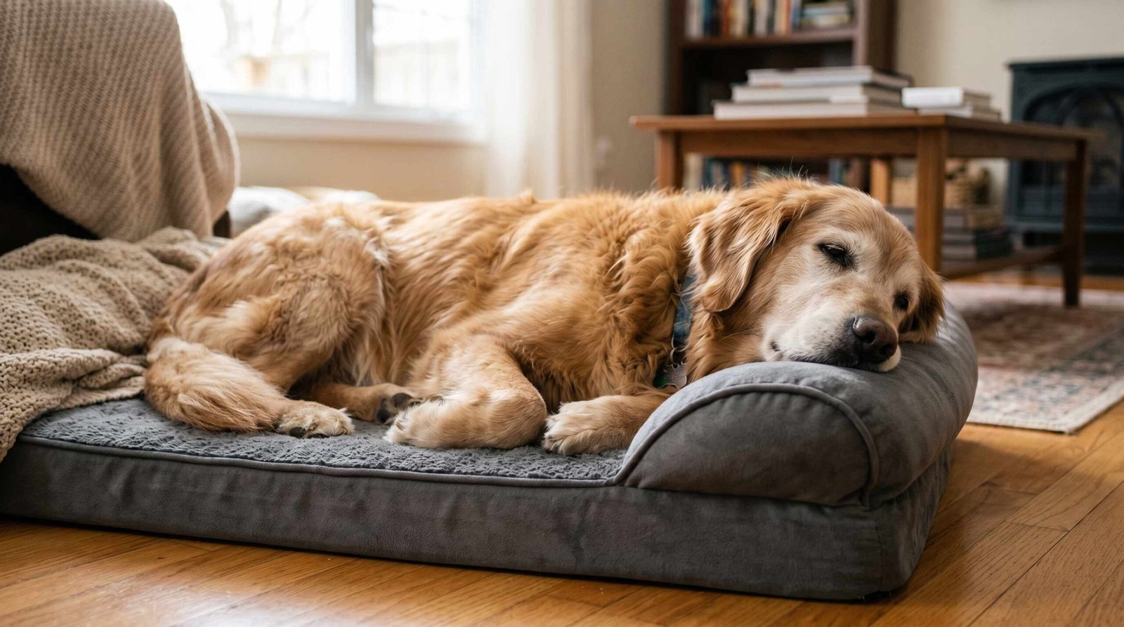 A calm senior dog with a gray muzzle resting peacefully on an orthopedic bed, showing the comfort that appropriate anxiety management can provide for aging dogs