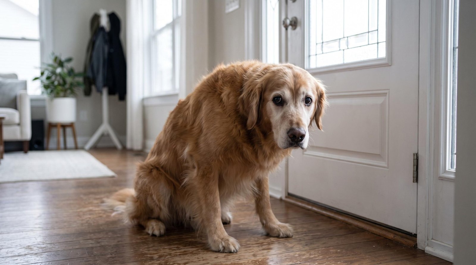Senior dog sitting anxiously by front door with ears back and worried expression