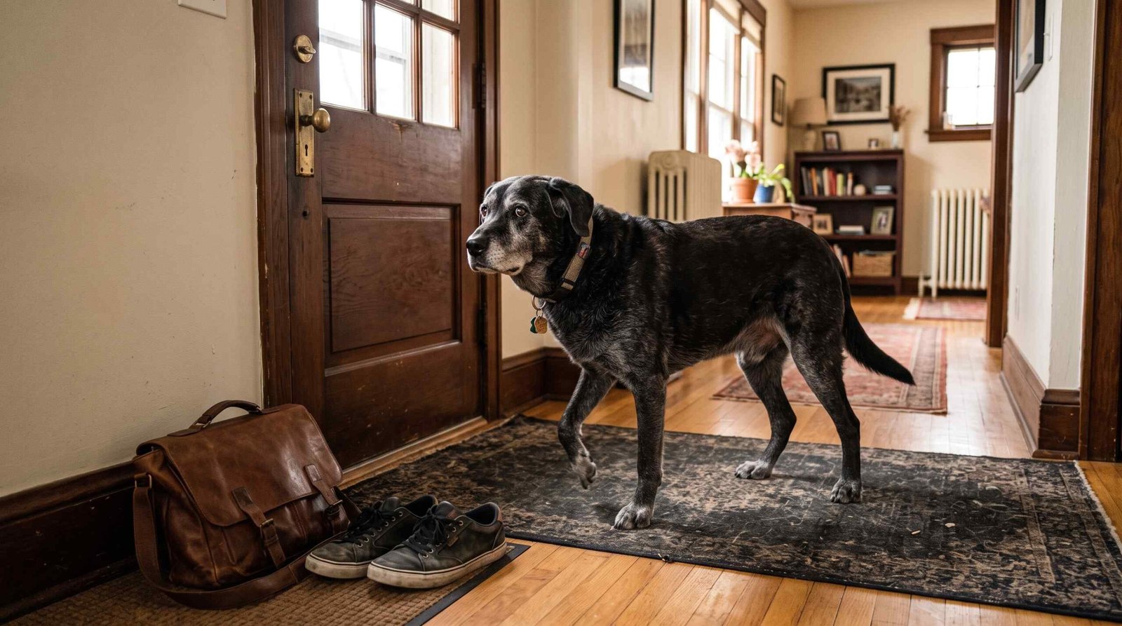 Dog pacing anxiously near front door waiting for owner to return, demonstrating separation anxiety
