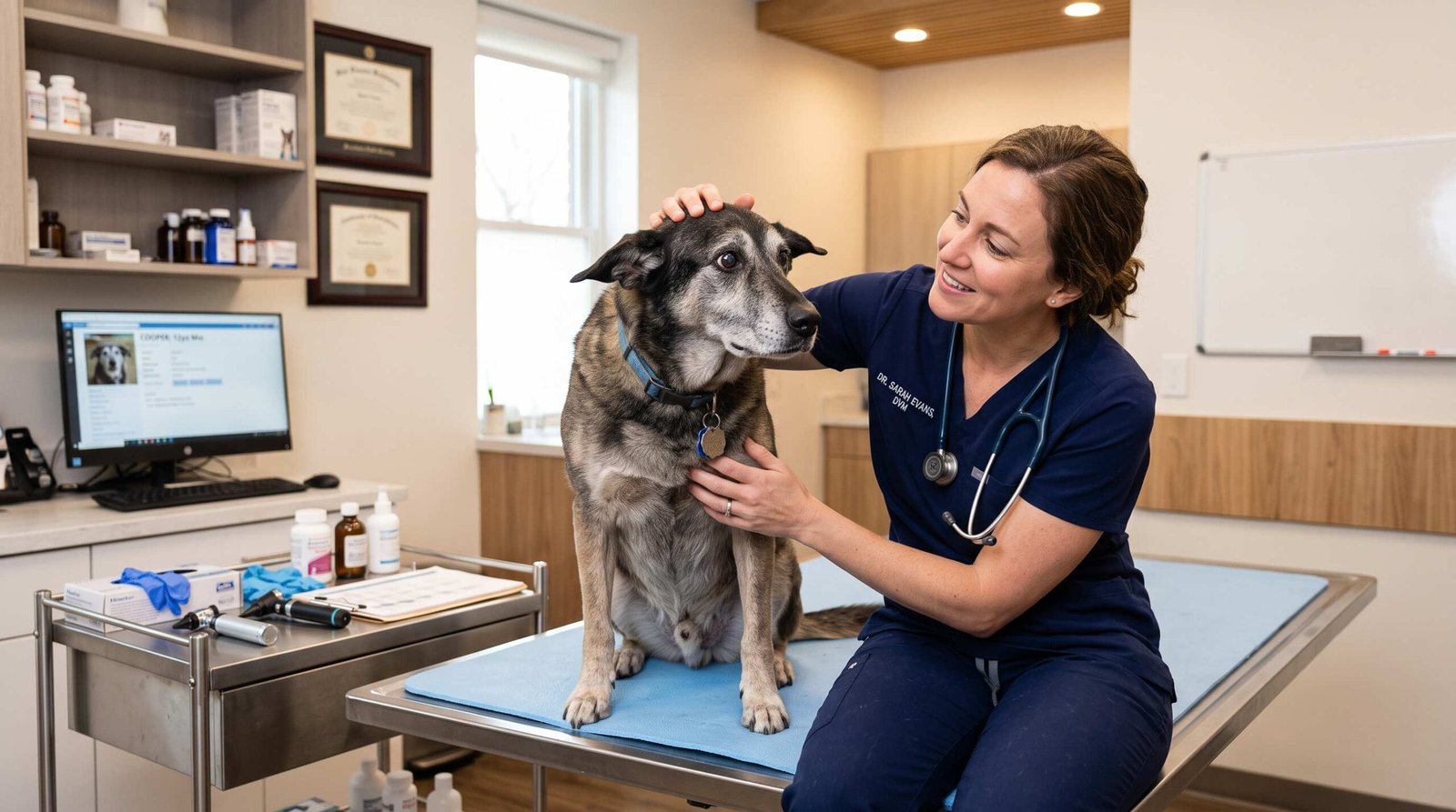 Veterinarian examining anxious senior dog on examination table with gentle reassuring technique