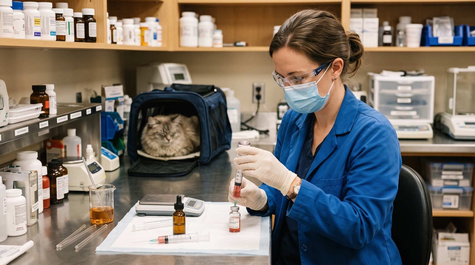 A pharmacist preparing a small vial of compounded liquid gabapentin medication, with a dosing syringe nearby and a cat carrier in the background
