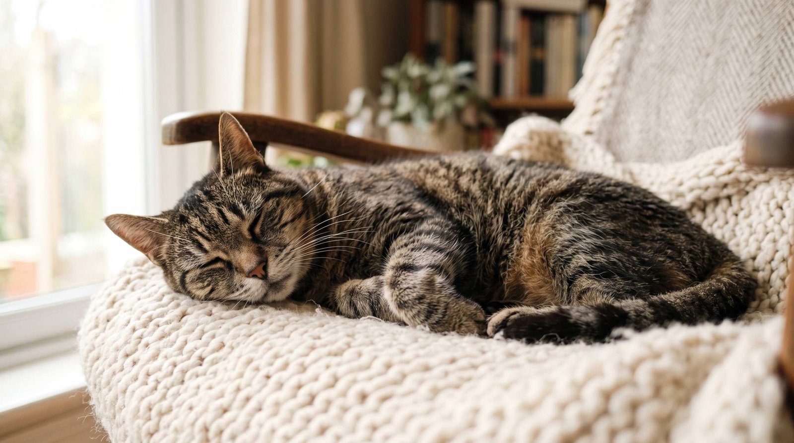 A senior tabby cat with a gray muzzle resting peacefully on a soft blanket at home, representing the special gabapentin dosing considerations needed for aging cats with kidney disease