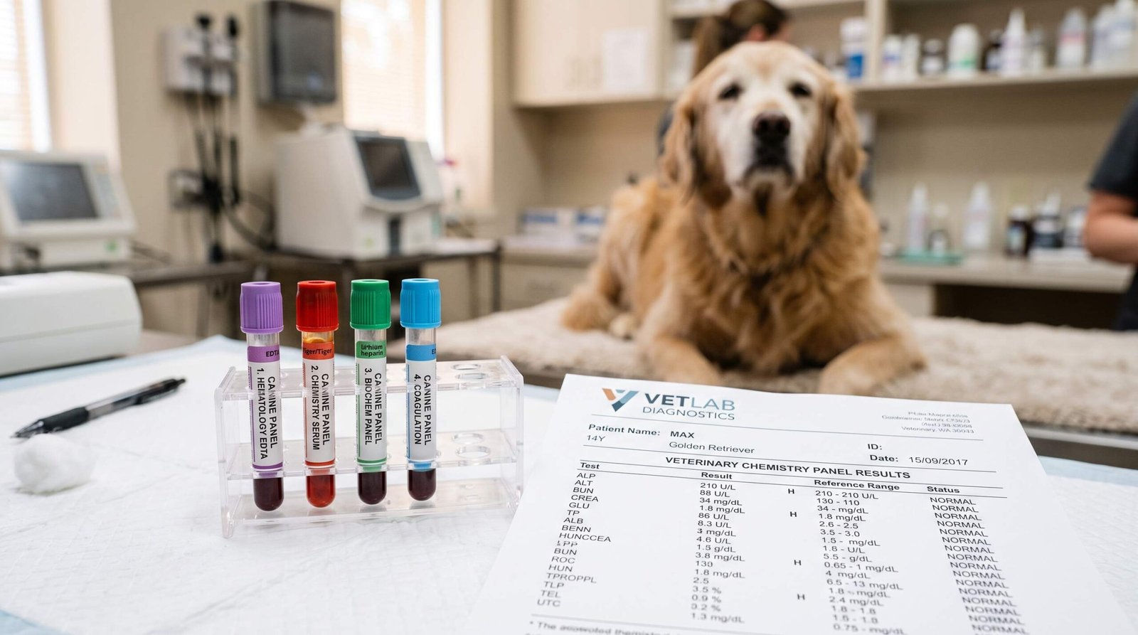 Veterinary blood test tubes and lab report for monitoring senior dog on long-term carprofen