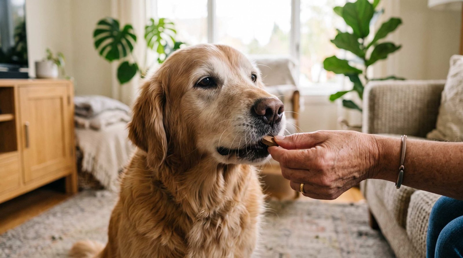 Dog owner giving carprofen chewable tablet to senior Labrador Retriever