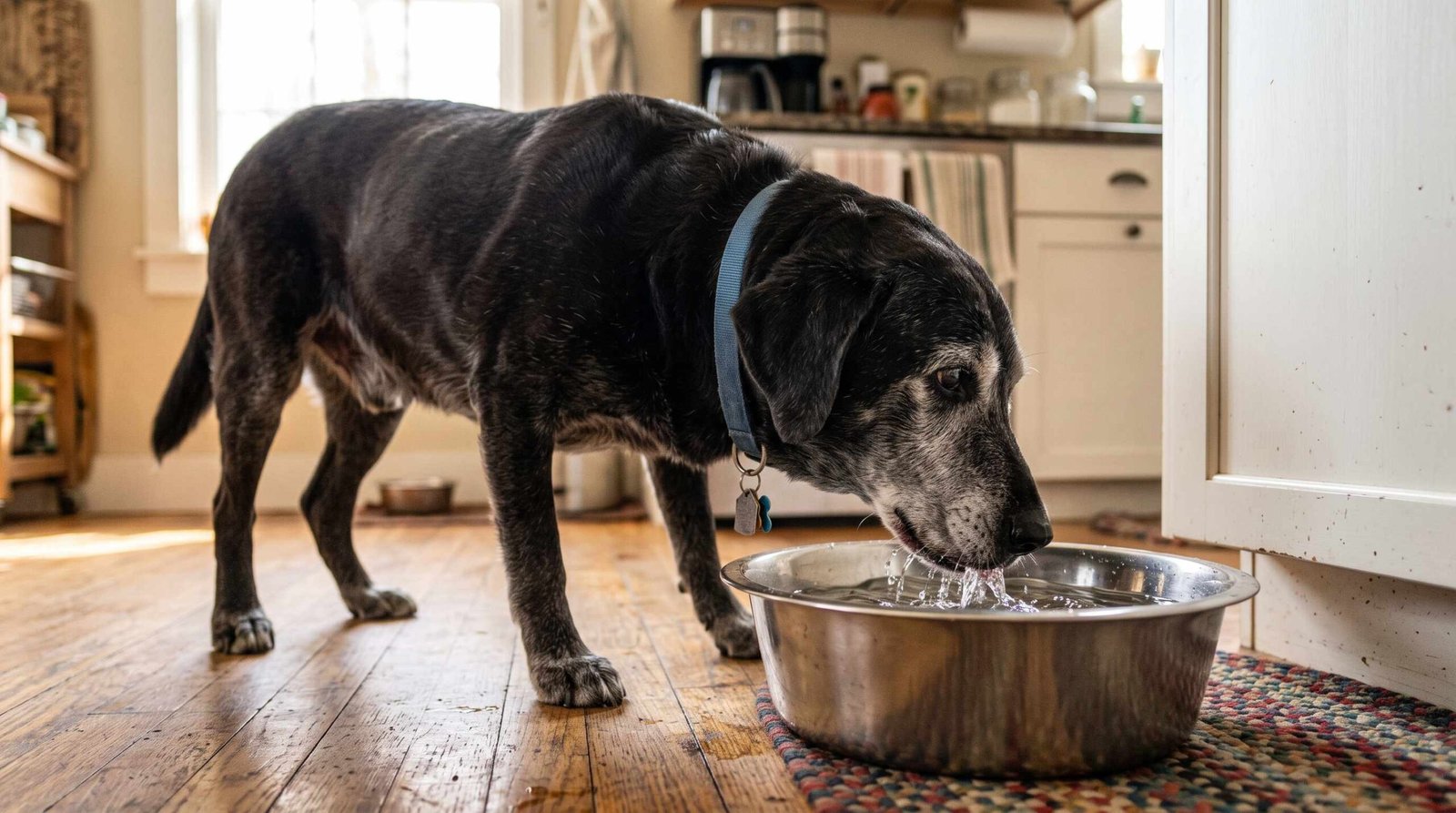 Senior dog drinking large amounts of water, a common side effect of prednisone treatment in dogs