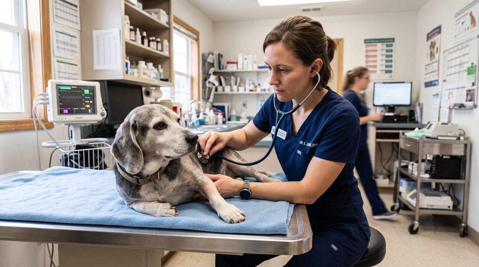 Veterinarian listening to senior dog with stethoscope during routine monitoring checkup for long-term prednisone use